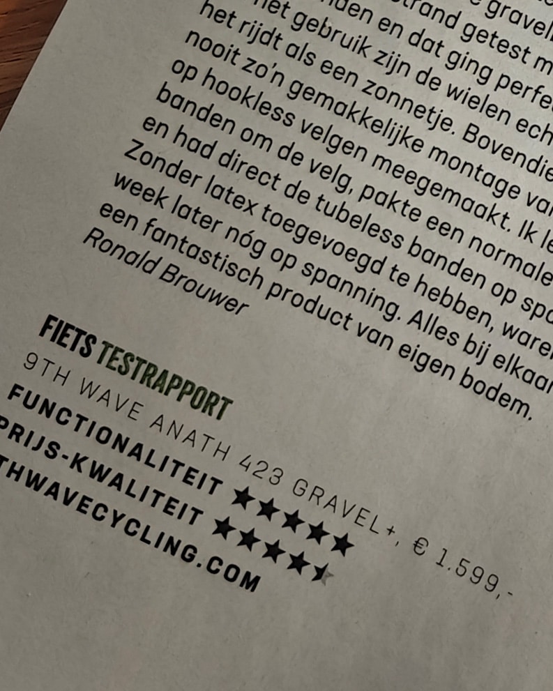 Fiets Magazine 5-star review of the 9th Wave Anath 423 gravel wheelset